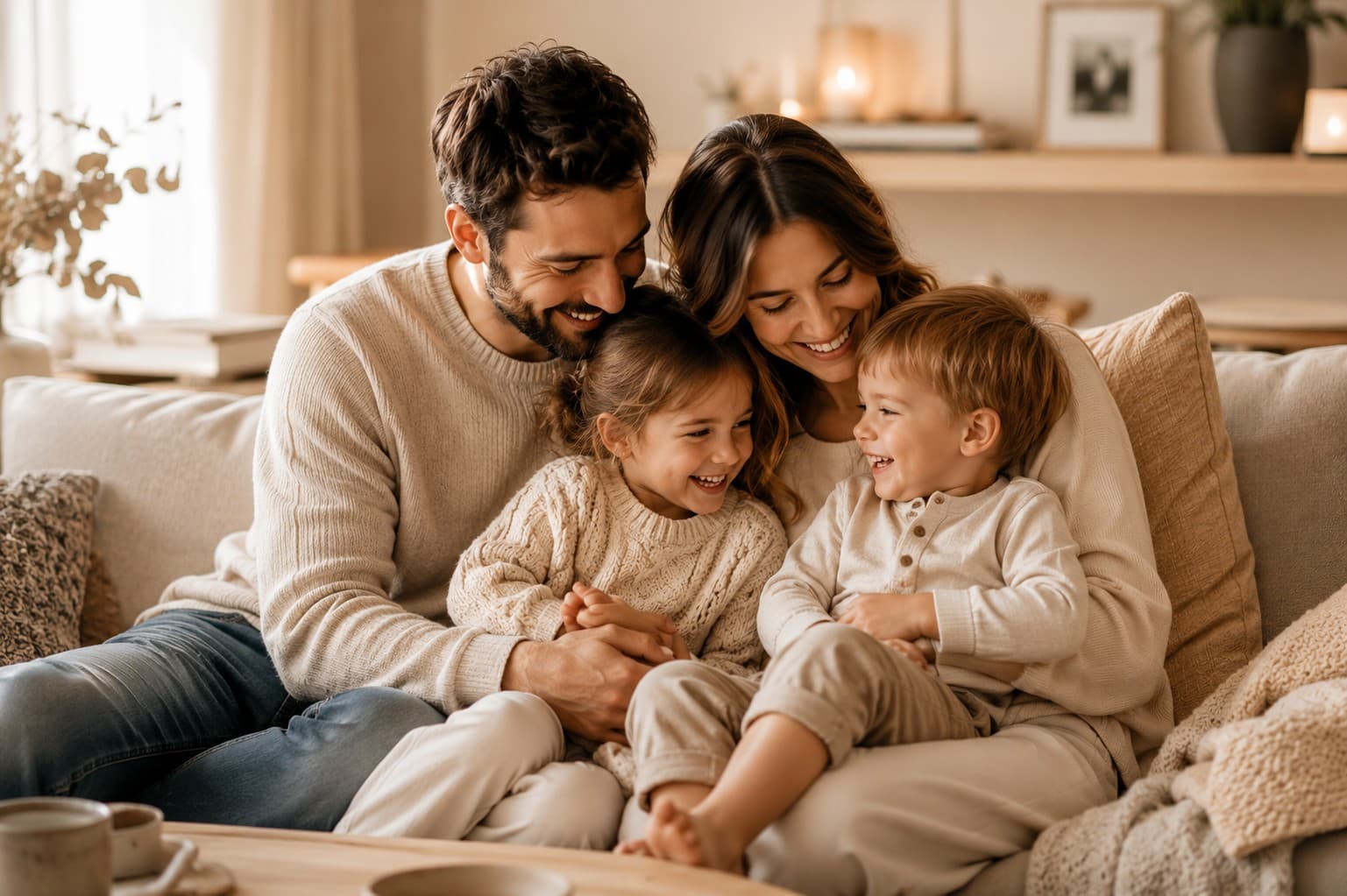 Une famille réunie dans un salon chaleureux